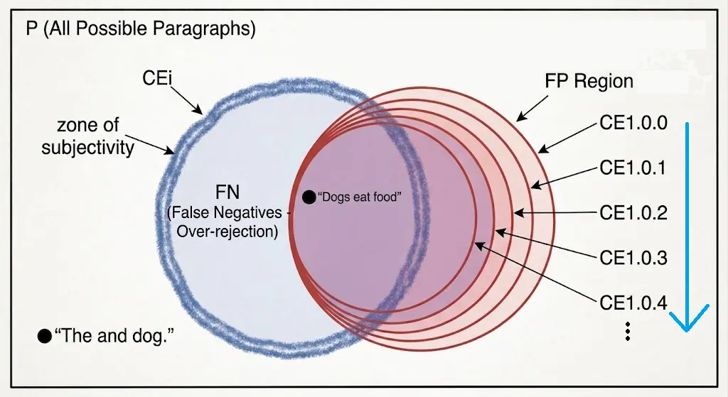 Venn diagram of all possible paragraphs P. The left circle is ideal CE (CEi); the right circle is the current implementation CE1.0.0. Their overlap is correct acceptance, illustrated by the paragraph “Dogs eat food.” The CEi-only region is false negatives (over-rejection). The CE1.0.0-only region is false positives (over-acceptance). Outside both circles, “The and dog.” is correctly rejected.